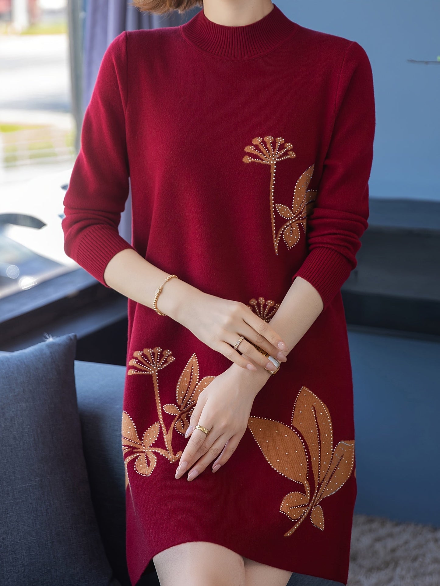 Lourdes™ - Elegant Floral Crew Neck Sweater Dress