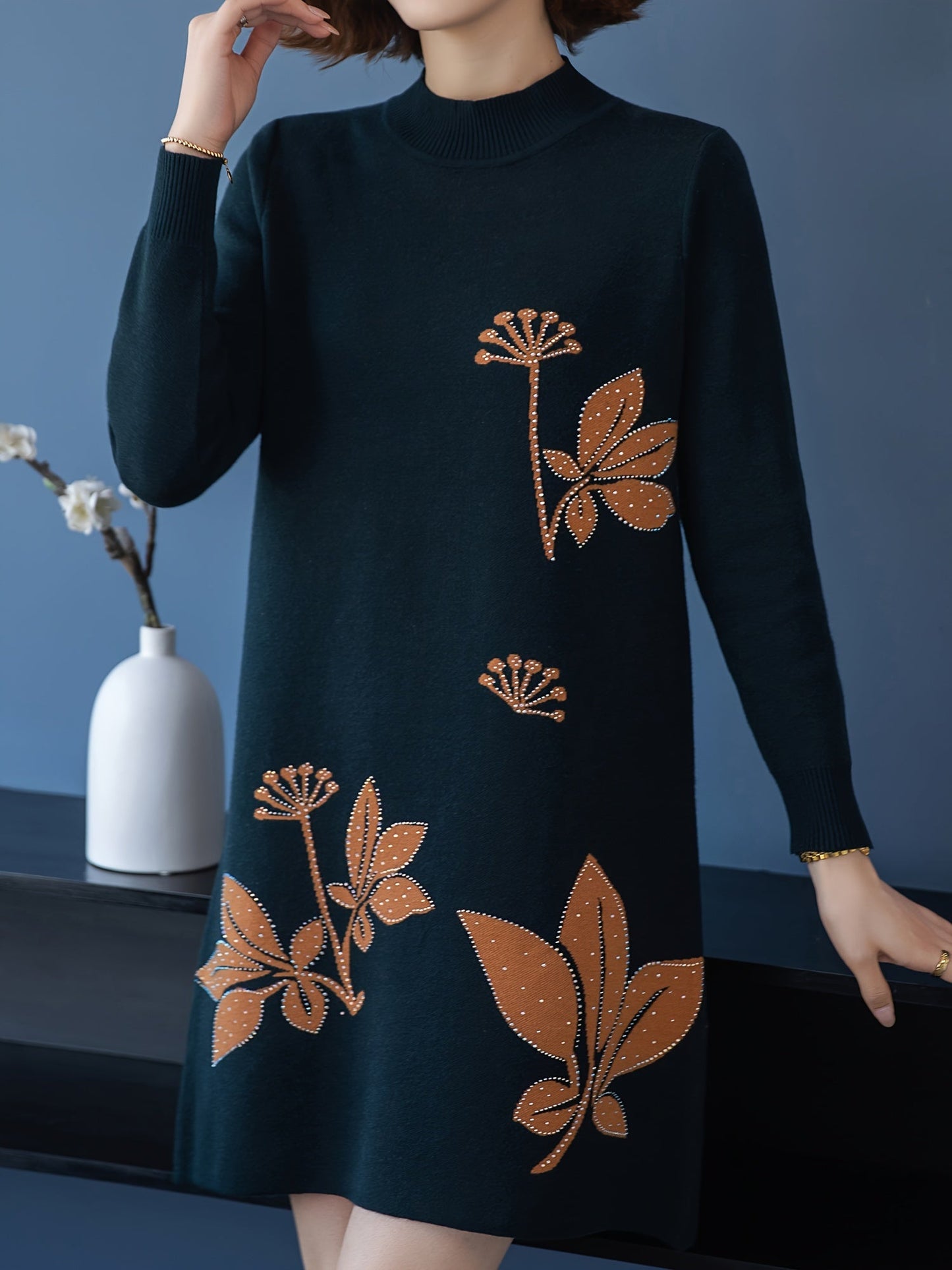 Lourdes™ - Elegant Floral Crew Neck Sweater Dress