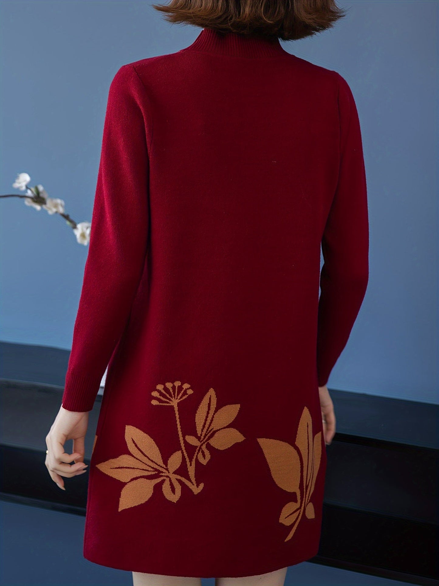Lourdes™ - Elegant Floral Crew Neck Sweater Dress