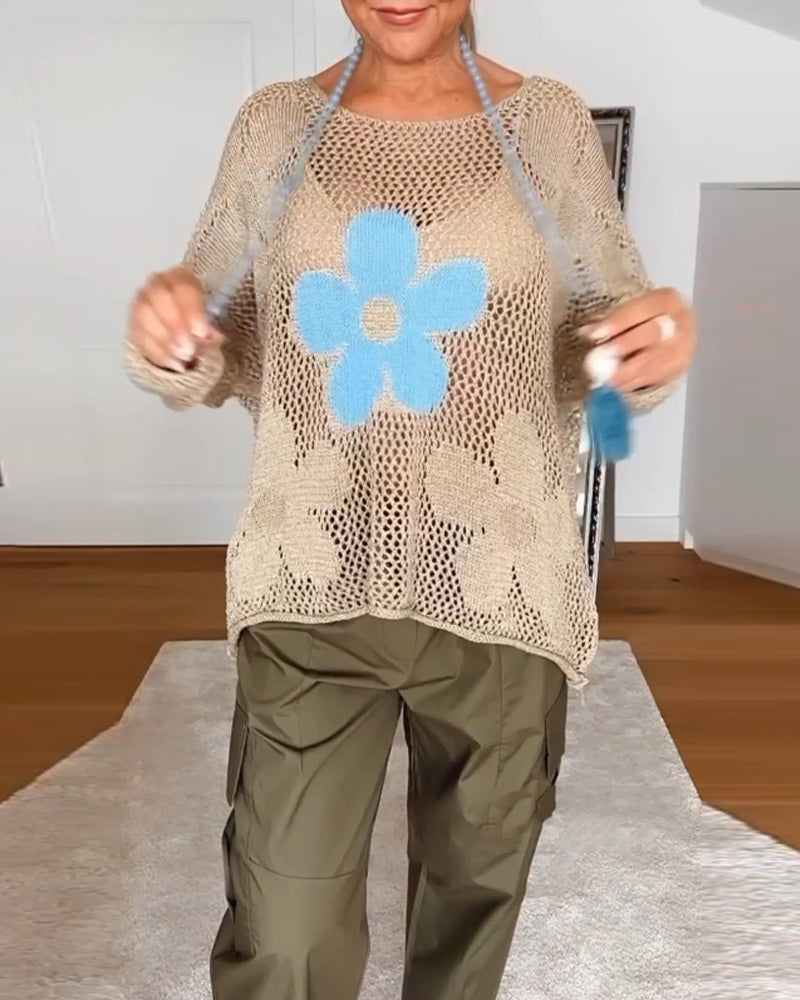 Sasha™ - Long Sleeve Openwork Floral Knit Sweater