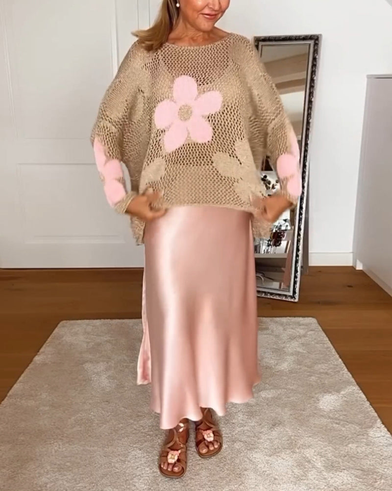 Sasha™ - Long Sleeve Openwork Floral Knit Sweater