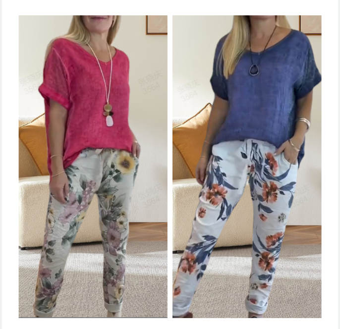 Evangeline™ - Women's 2 Piece Set - Solid Blouse and Floral Print Casual Pants