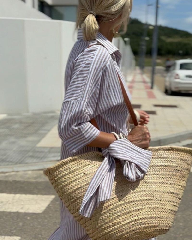 Colen™ | Robe Chemise Classique Rayée À Lacets