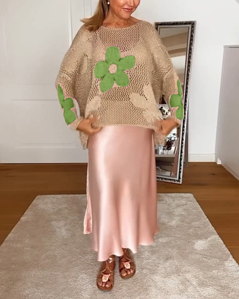 Sasha™ - Long Sleeve Openwork Floral Knit Sweater