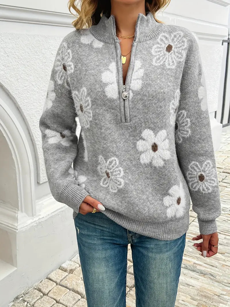 Pauline™ - Zip-up sweater with dropped shoulders and flowers