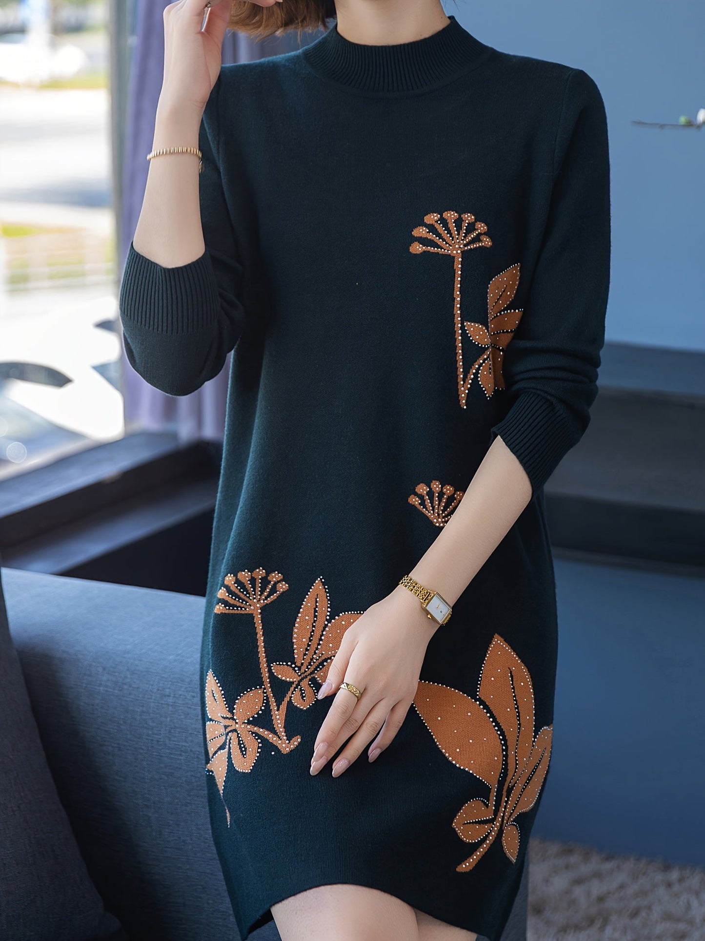Lourdes™ - Elegant Floral Crew Neck Sweater Dress
