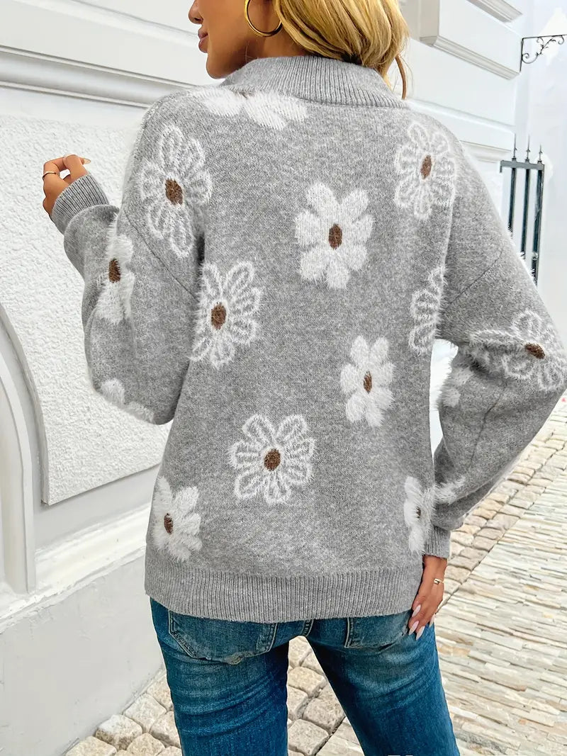 Pauline™ - Zip-up sweater with dropped shoulders and flowers