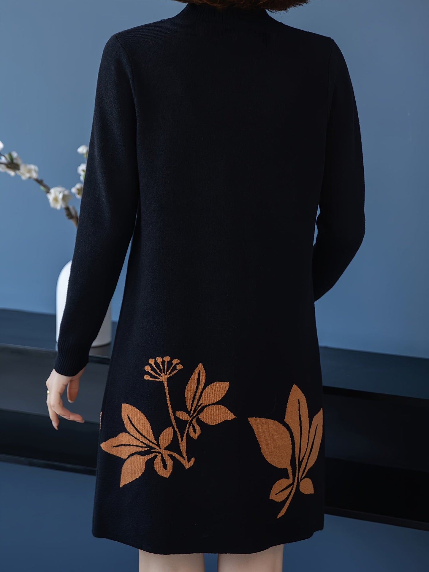Lourdes™ - Elegant Floral Crew Neck Sweater Dress
