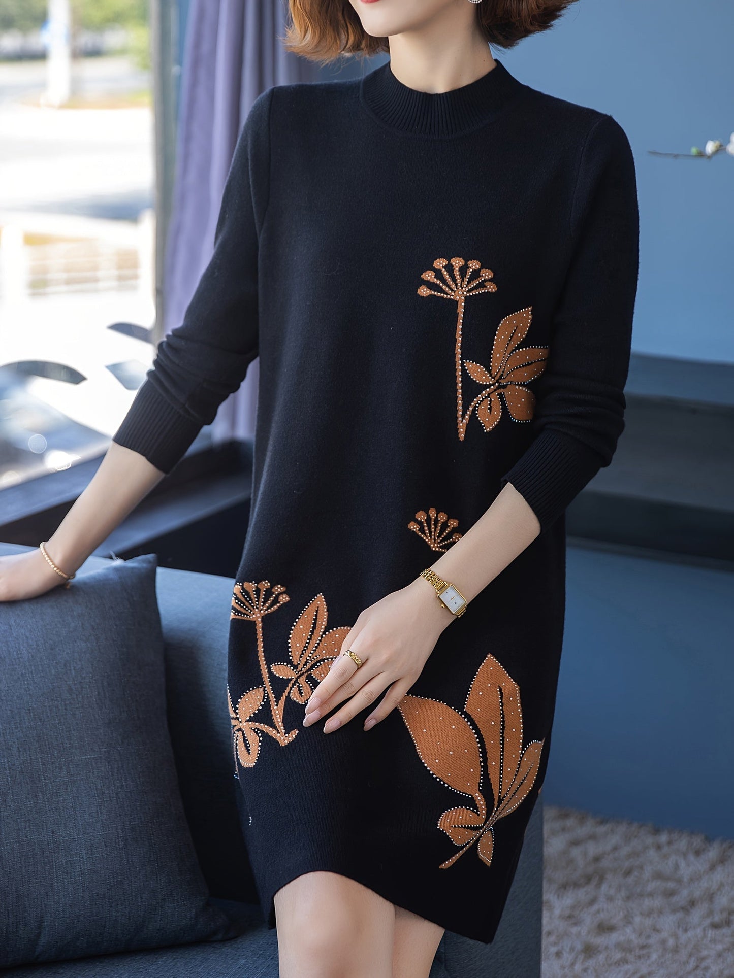 Lourdes™ - Elegant Floral Crew Neck Sweater Dress