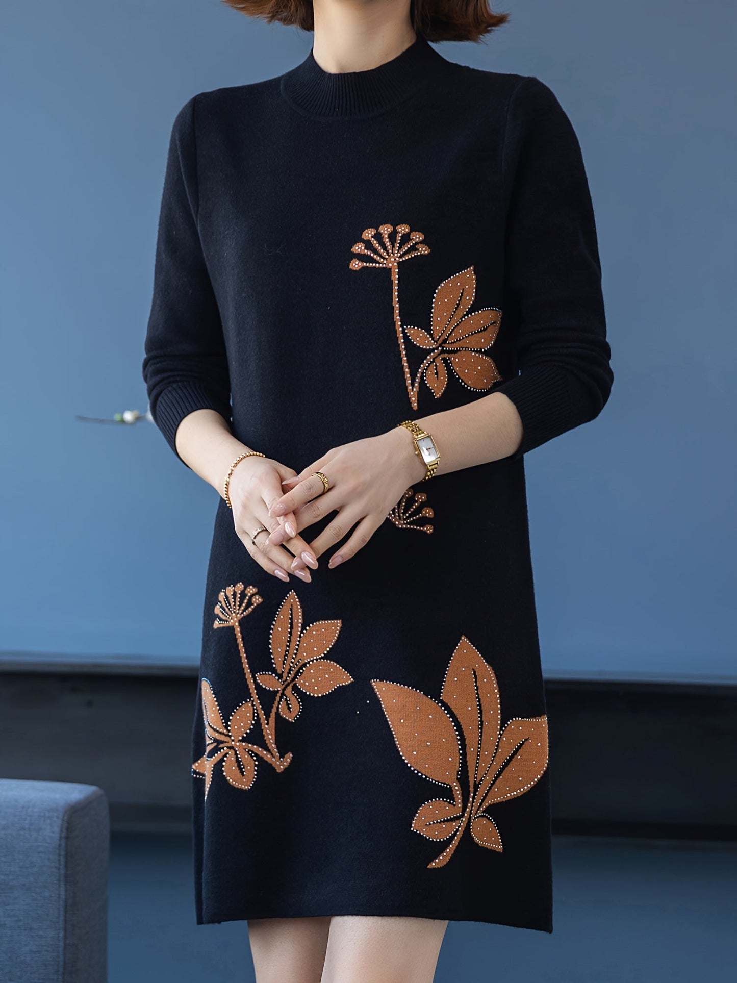 Lourdes™ - Elegant Floral Crew Neck Sweater Dress