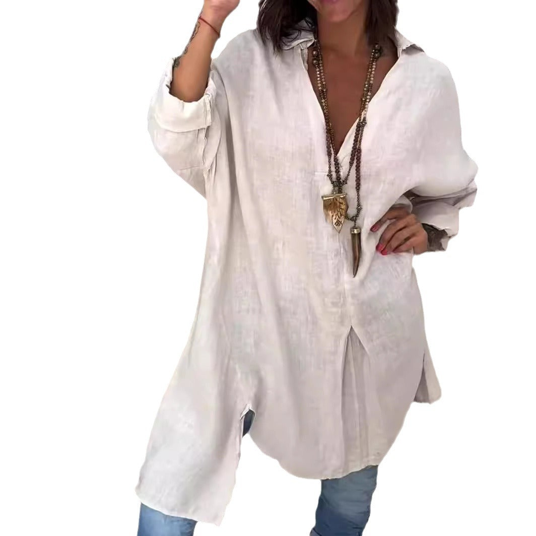 Marine™ - Casual linen and cotton V-neck shirt