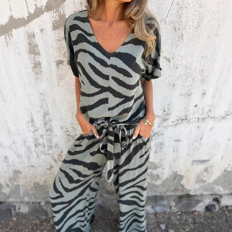 Alina™ - Zebra Print V-Neck Top and Pants Set
