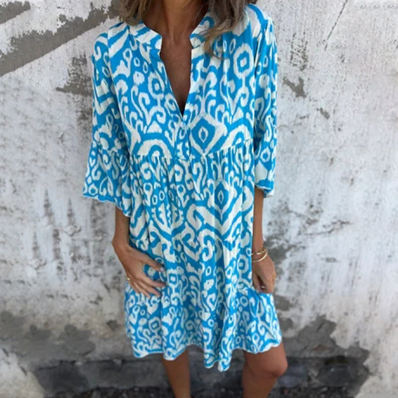 Astrid™ - Printed V-Neck Dress with Three-Quarter Sleeves