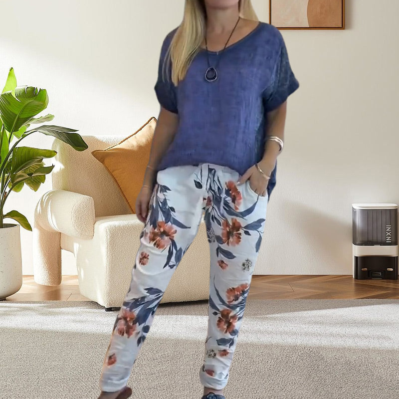 Evangeline™ - Women's 2 Piece Set - Solid Blouse and Floral Print Casual Pants