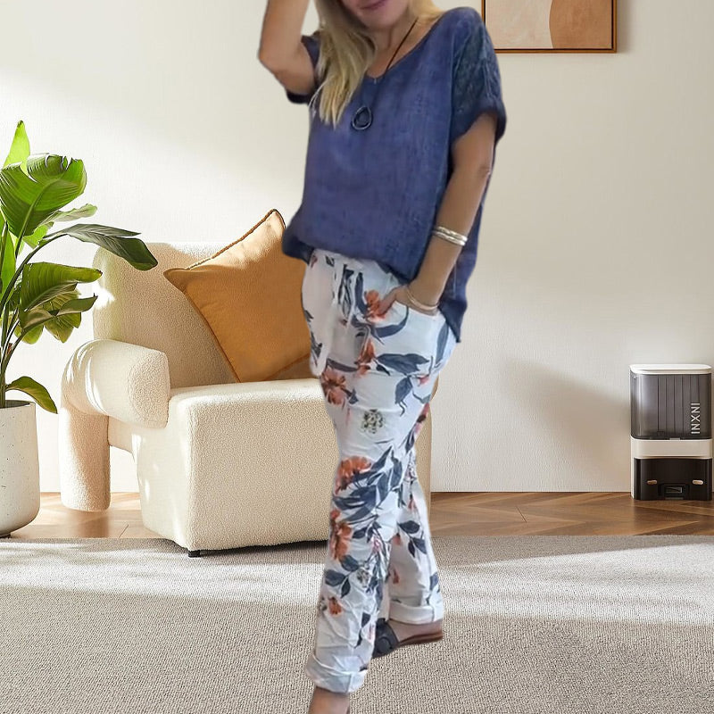 Evangeline™ - Women's 2 Piece Set - Solid Blouse and Floral Print Casual Pants