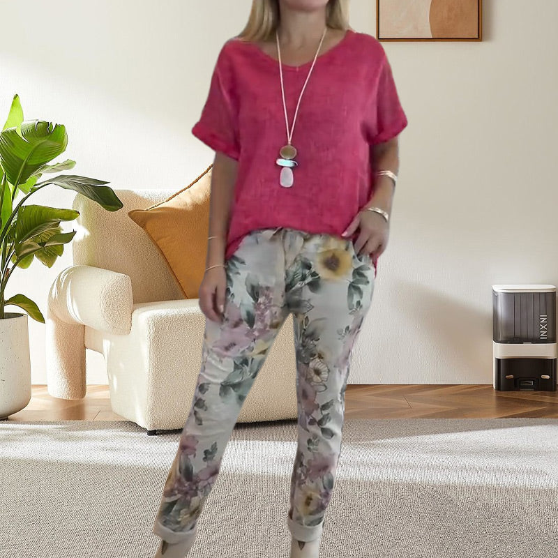 Evangeline™ - Women's 2 Piece Set - Solid Blouse and Floral Print Casual Pants