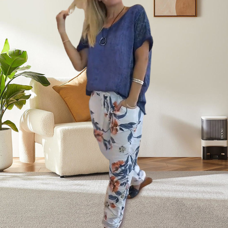 Evangeline™ - Women's 2 Piece Set - Solid Blouse and Floral Print Casual Pants