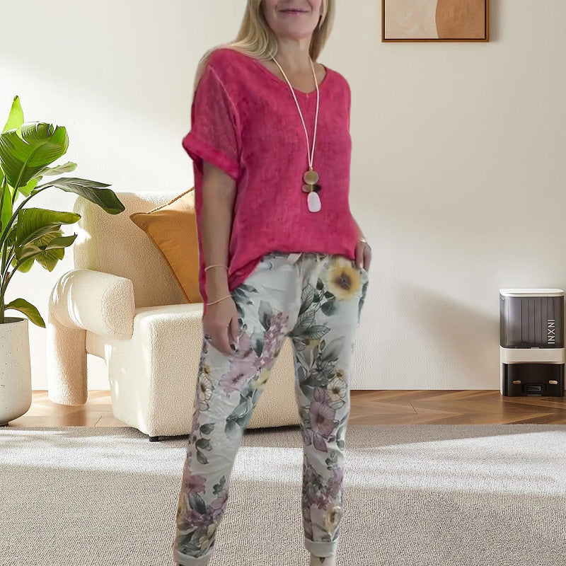 Evangeline™ - Women's 2 Piece Set - Solid Blouse and Floral Print Casual Pants