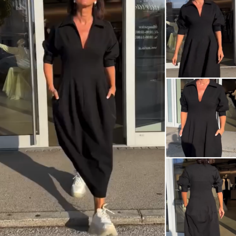 Stephanie™ - Elegant V-Neck Lapel Midi Dress