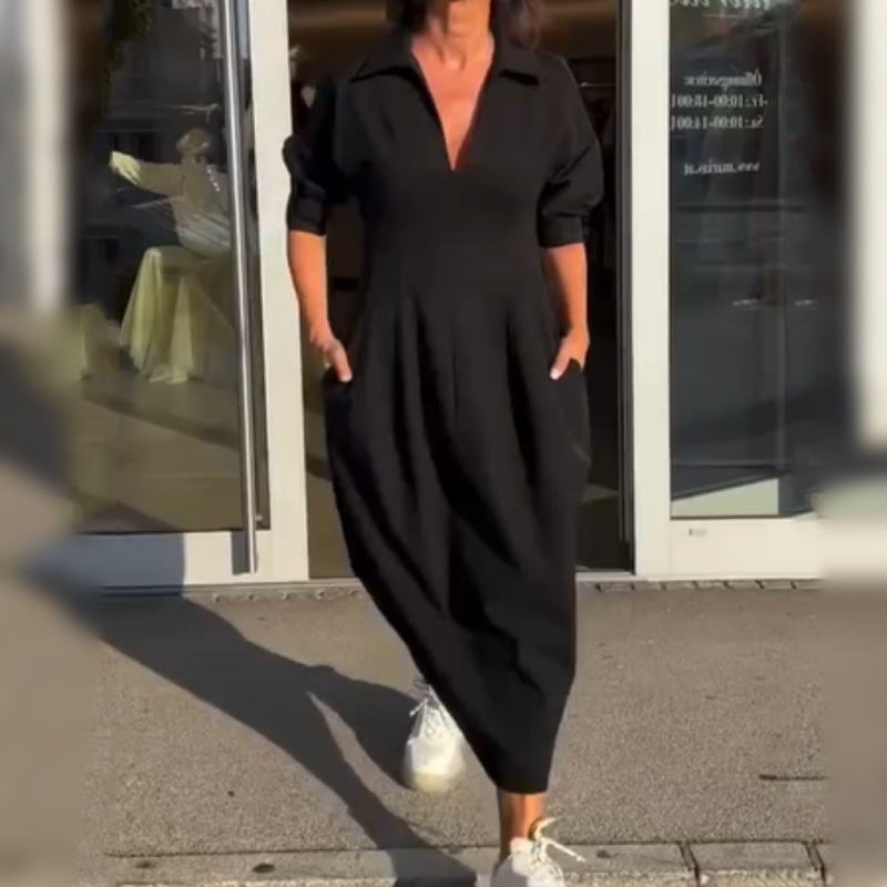 Stephanie™ - Elegant V-Neck Lapel Midi Dress