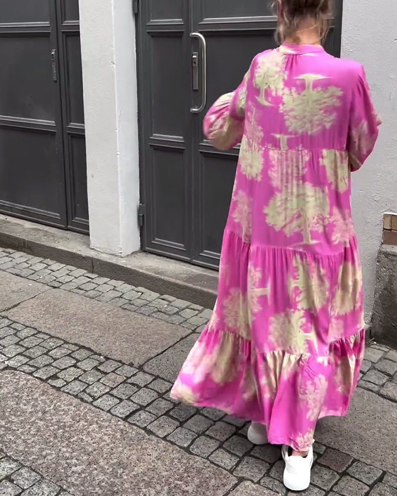 Greta™ - Loose Patchwork Dress with V-Neck and Printed Bell Sleeves