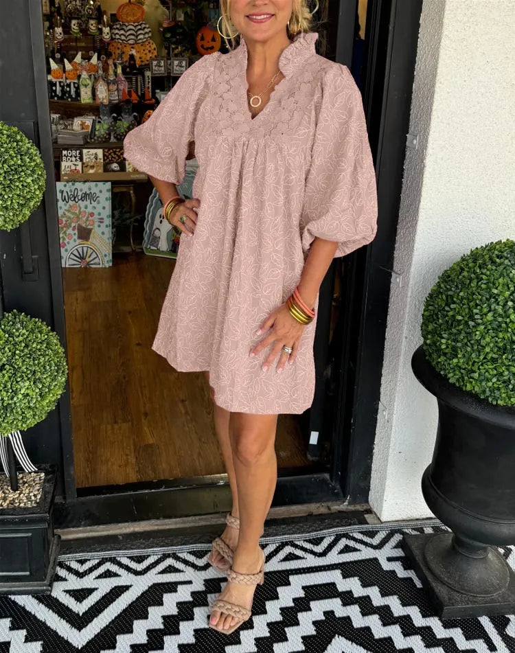 Tesia™ - Short Jacquard Dress with Puff Sleeves