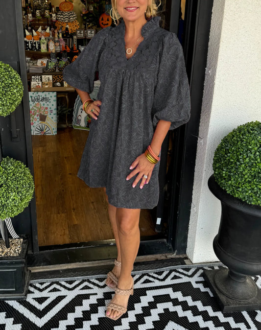 Tesia™ - Short Jacquard Dress with Puff Sleeves
