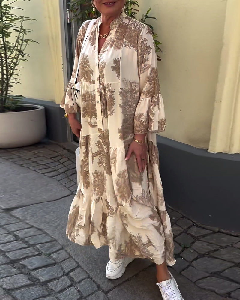 Greta™ - Loose Patchwork Dress with V-Neck and Printed Bell Sleeves