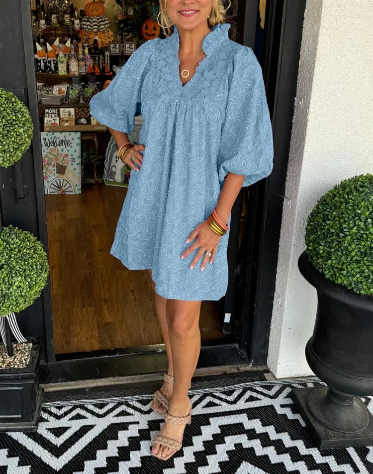 Tesia™ - Short Jacquard Dress with Puff Sleeves