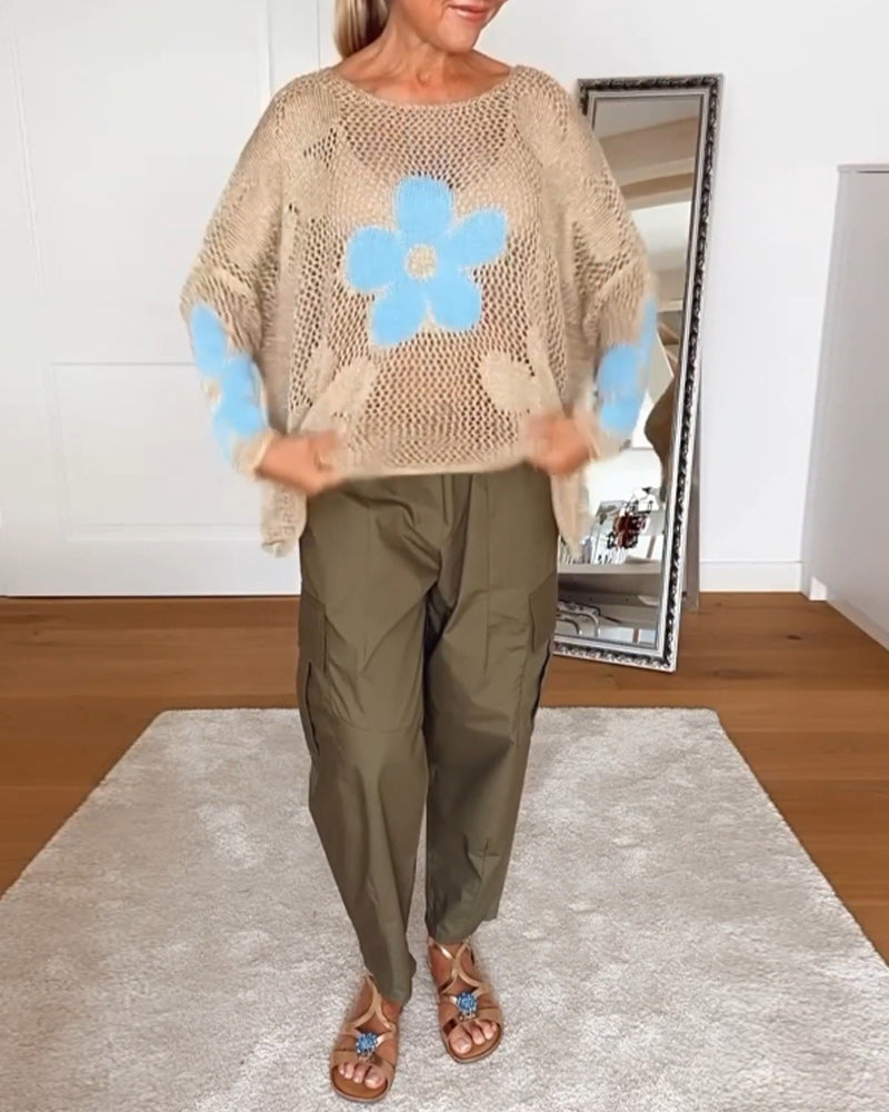 Sasha™ - Long Sleeve Openwork Floral Knit Sweater