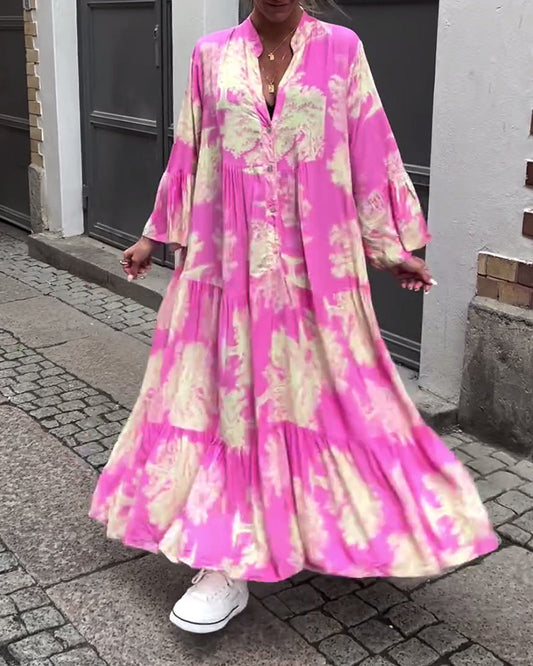 Greta™ - Loose Patchwork Dress with V-Neck and Printed Bell Sleeves 