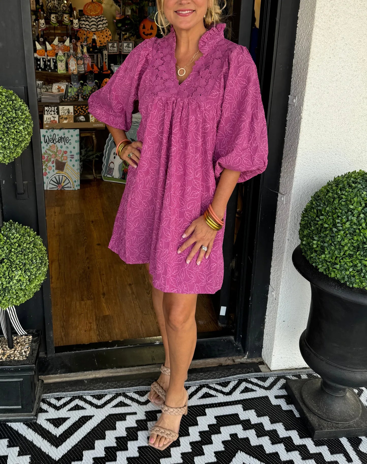 Tesia™ - Short Jacquard Dress with Puff Sleeves
