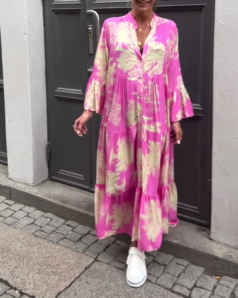 Greta™ - Loose Patchwork Dress with V-Neck and Printed Bell Sleeves