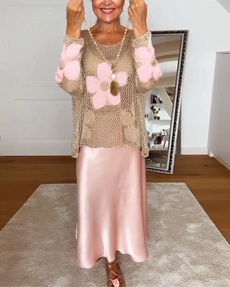 Sasha™ - Long Sleeve Openwork Floral Knit Sweater