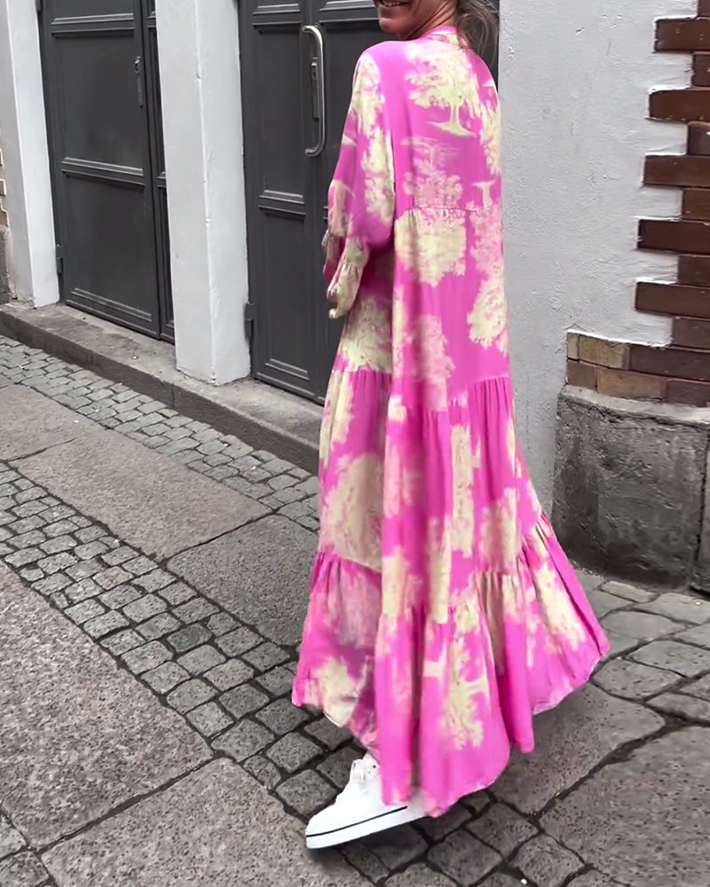 Greta™ - Loose Patchwork Dress with V-Neck and Printed Bell Sleeves