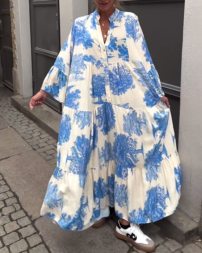 Greta™ - Loose Patchwork Dress with V-Neck and Printed Bell Sleeves