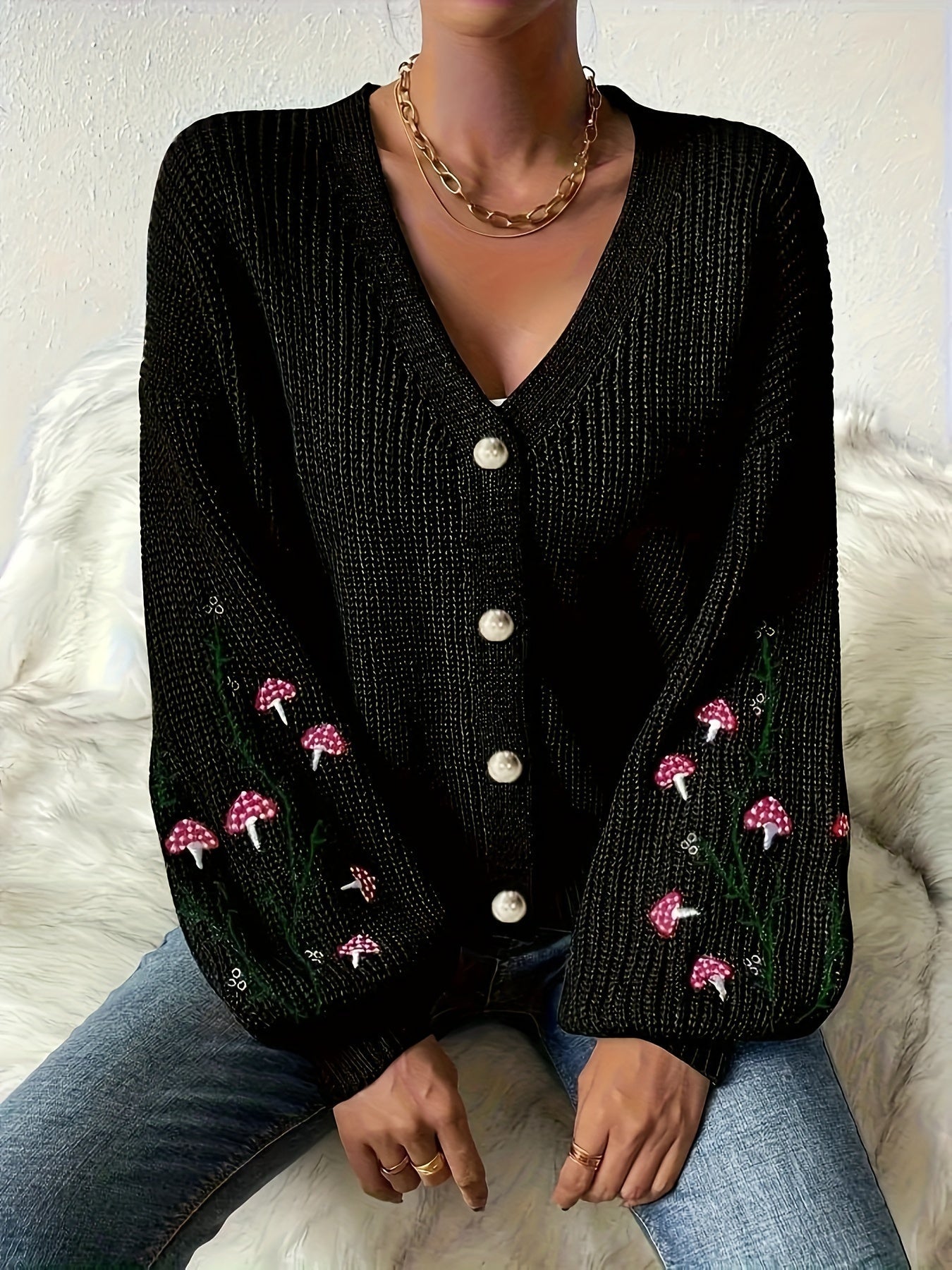 Romilly™ - Mushroom Embroidered Cardigan 