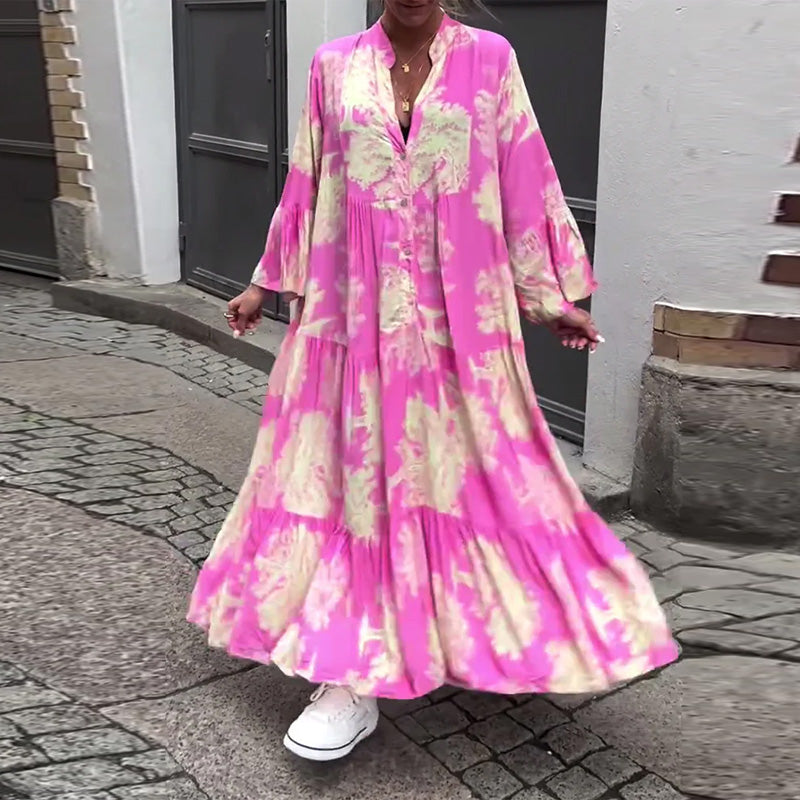 Greta™ - Loose Patchwork Dress with V-Neck and Printed Bell Sleeves