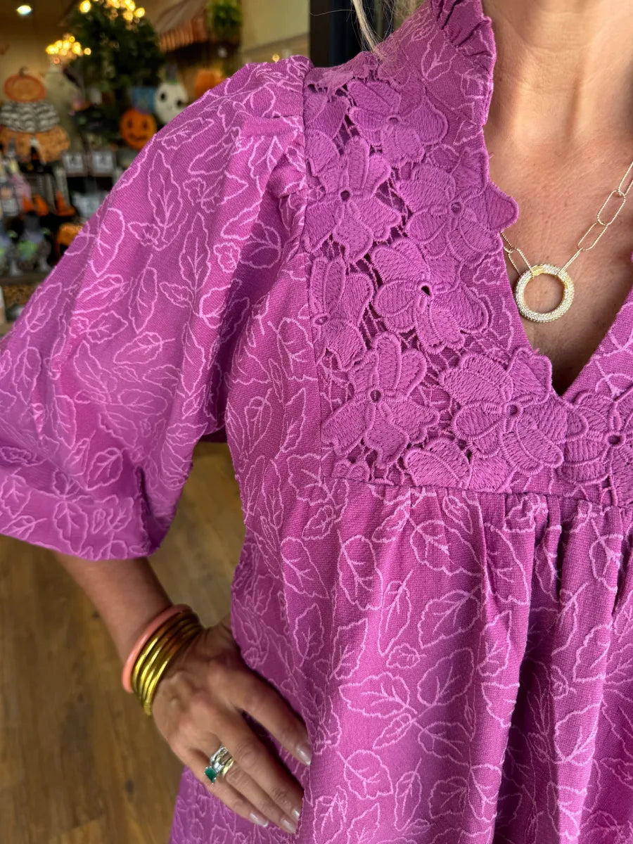 Tesia™ - Short Jacquard Dress with Puff Sleeves