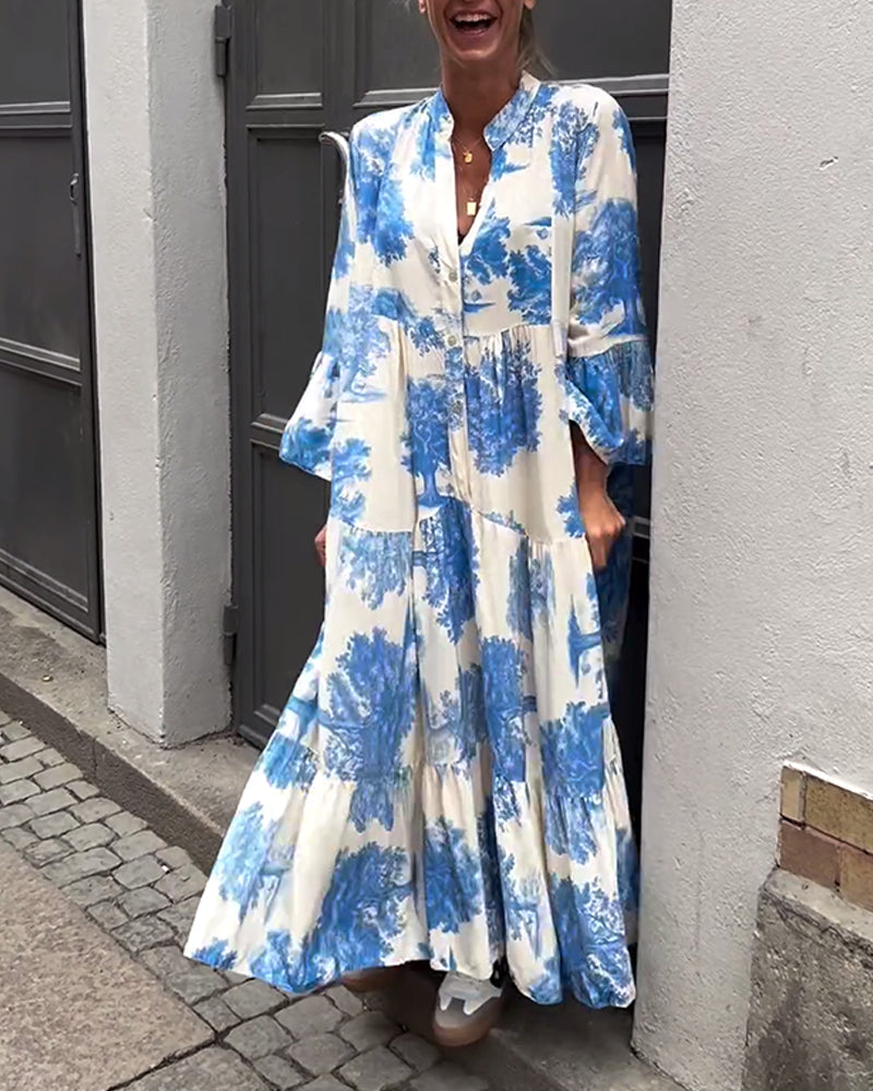 Greta™ - Loose Patchwork Dress with V-Neck and Printed Bell Sleeves