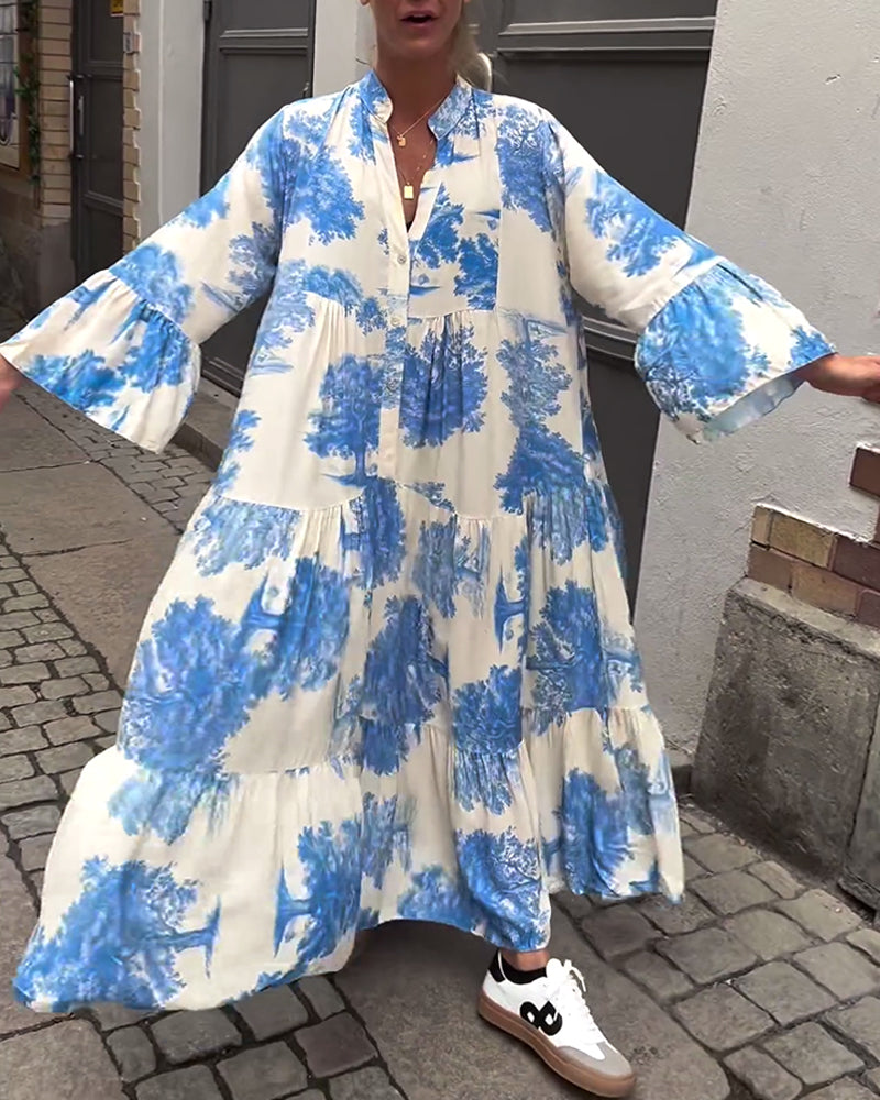 Greta™ - Loose Patchwork Dress with V-Neck and Printed Bell Sleeves