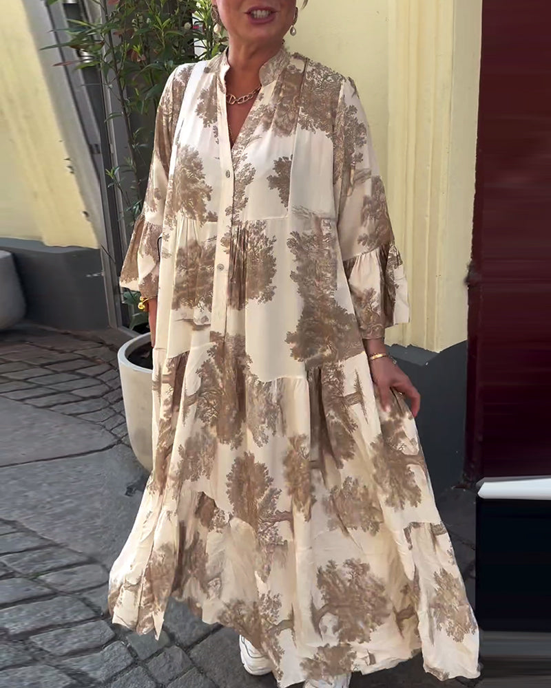 Greta™ - Loose Patchwork Dress with V-Neck and Printed Bell Sleeves