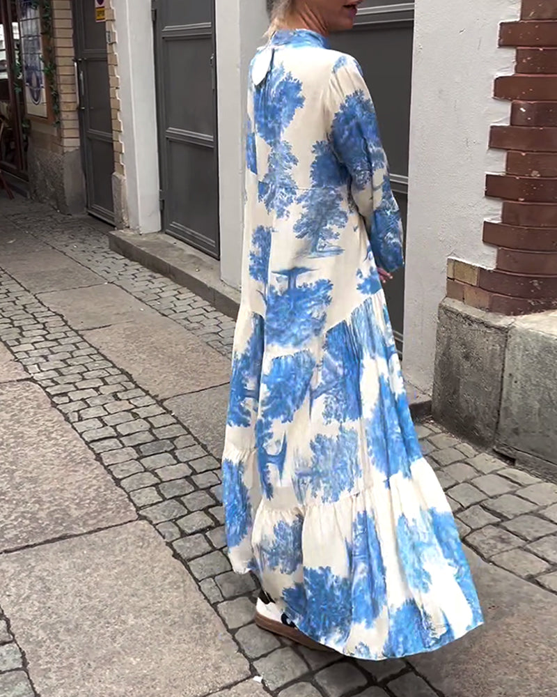 Greta™ - Loose Patchwork Dress with V-Neck and Printed Bell Sleeves