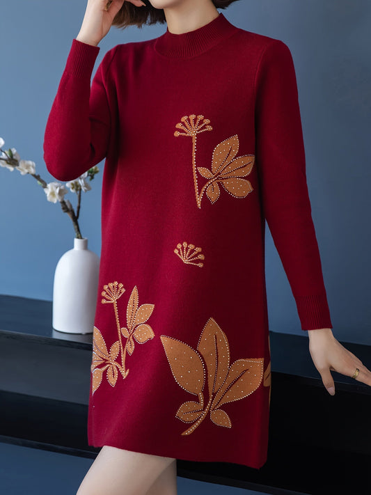 Lourdes™ - Elegant Floral Crew Neck Sweater Dress