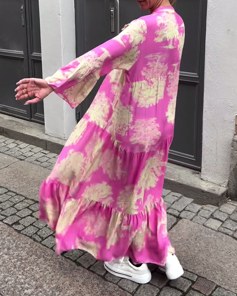 Greta™ - Loose Patchwork Dress with V-Neck and Printed Bell Sleeves