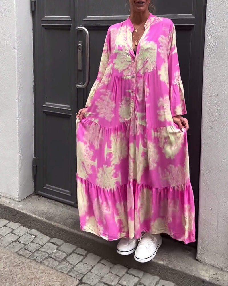 Greta™ - Loose Patchwork Dress with V-Neck and Printed Bell Sleeves