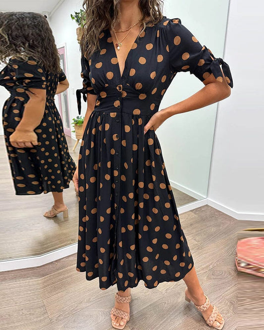 Mina™ - Polka Dot Dress with Deep Pointed Neckline 