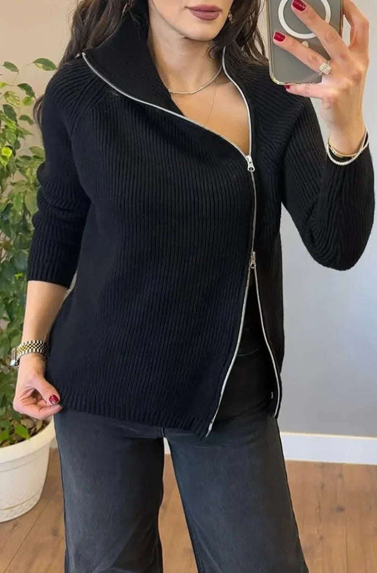 Lucienne™ - Double Zip Asymmetrical Knit Sweater