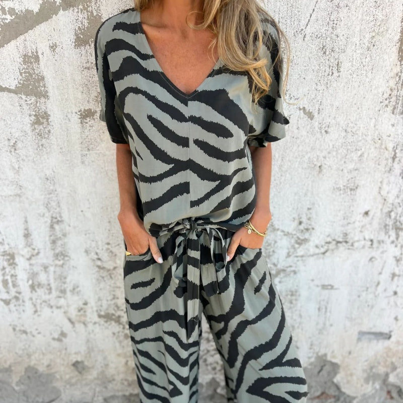 Alina™ - Zebra Print V-Neck Top and Pants Set