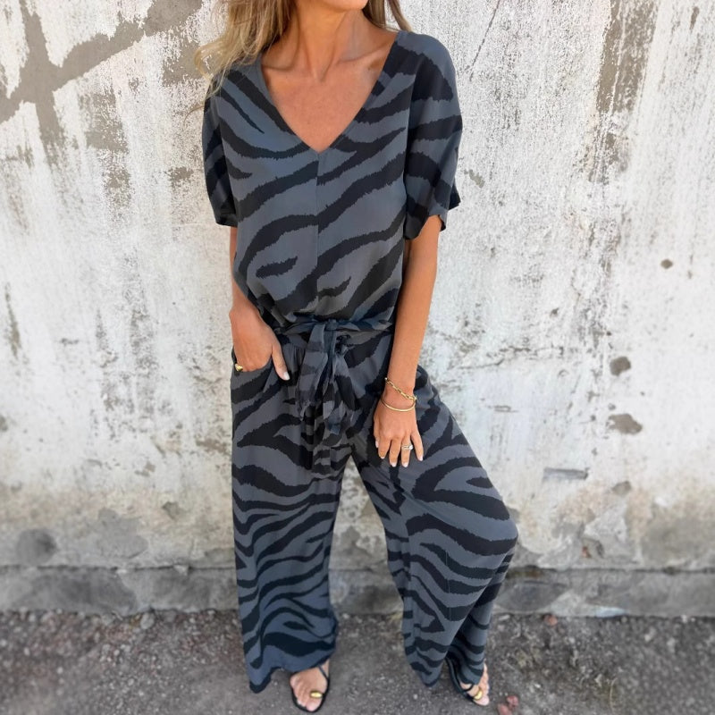 Alina™ - Zebra Print V-Neck Top and Pants Set